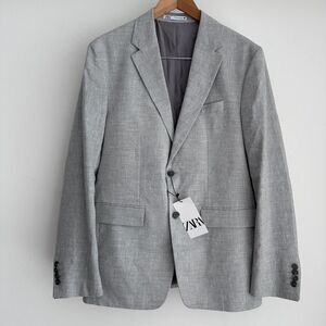 Zara Blazer Mens US 42 Linen Blend Sport Coat Suit Jacket Grey Marl Business